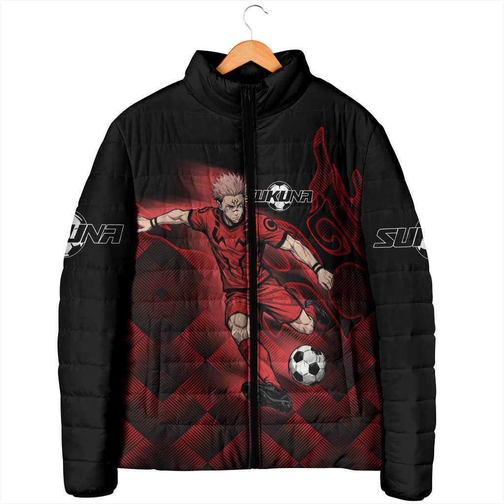 Personalized Sukuna Jujutsu Kaisen Soccer Theme Padded Jacket with Powerful Kick Pose and Red Black Plaid Graphic Design - The Mazicc