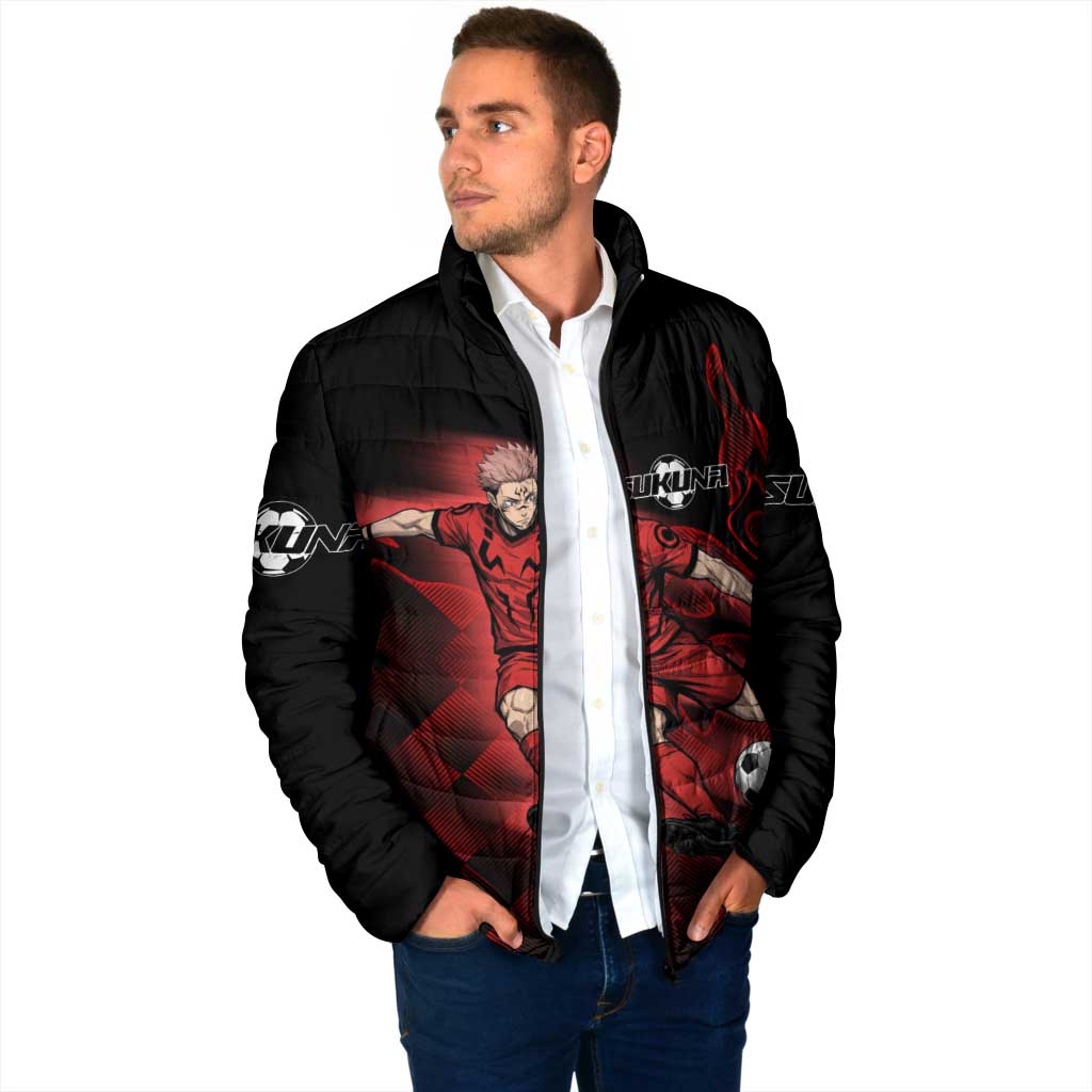 Personalized Sukuna Jujutsu Kaisen Soccer Theme Padded Jacket with Powerful Kick Pose and Red Black Plaid Graphic Design - The Mazicc