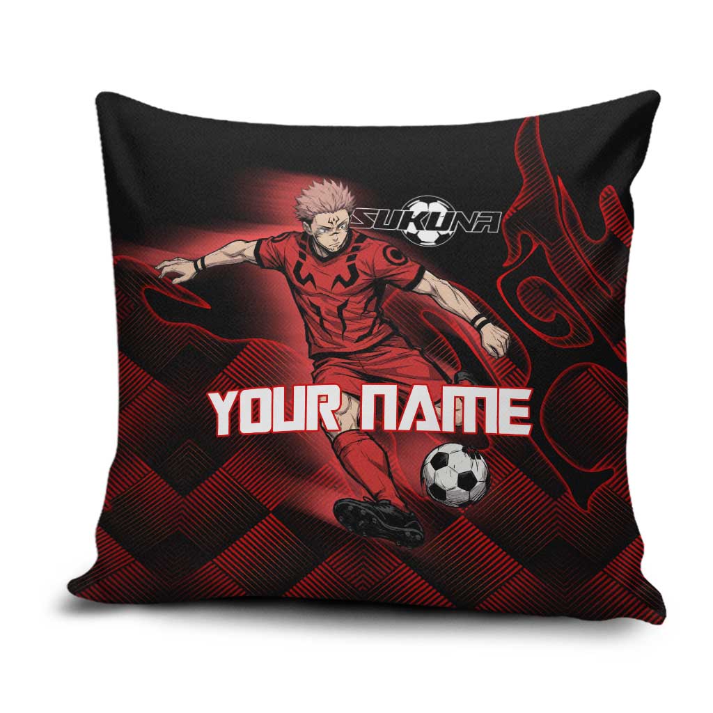 Personalized Sukuna Jujutsu Kaisen Soccer Theme Pillow Cover with Powerful Kick Pose and Red Black Plaid Graphic Design - The Mazicc