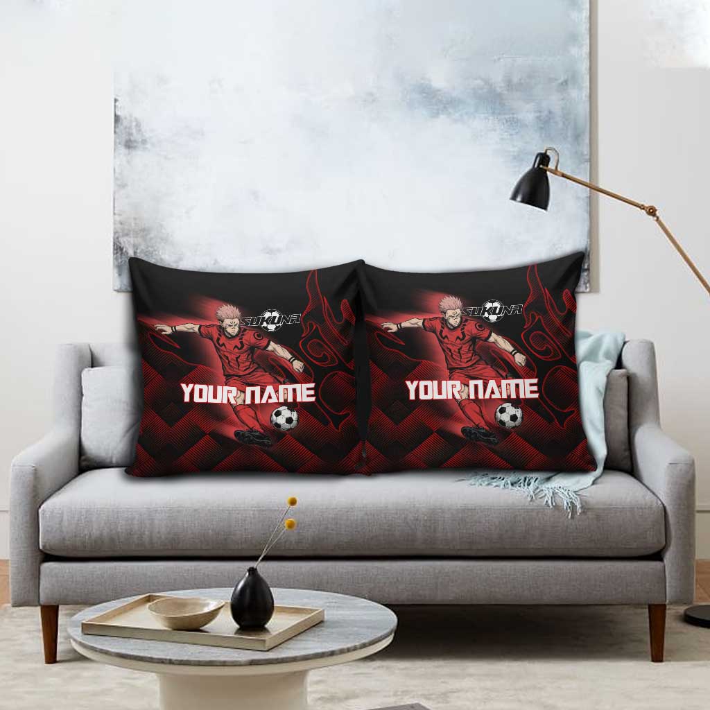 Personalized Sukuna Jujutsu Kaisen Soccer Theme Pillow Cover with Powerful Kick Pose and Red Black Plaid Graphic Design - The Mazicc