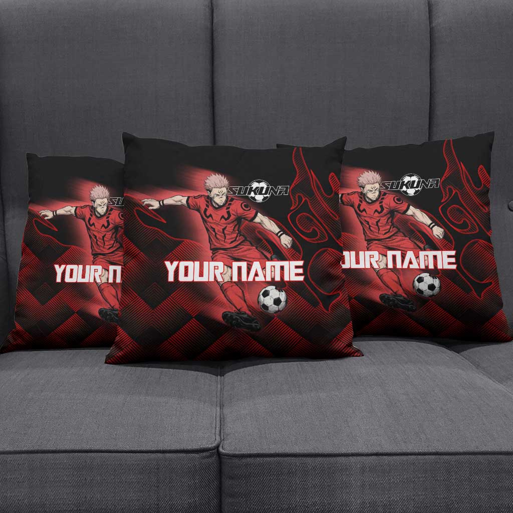 Personalized Sukuna Jujutsu Kaisen Soccer Theme Pillow Cover with Powerful Kick Pose and Red Black Plaid Graphic Design - The Mazicc
