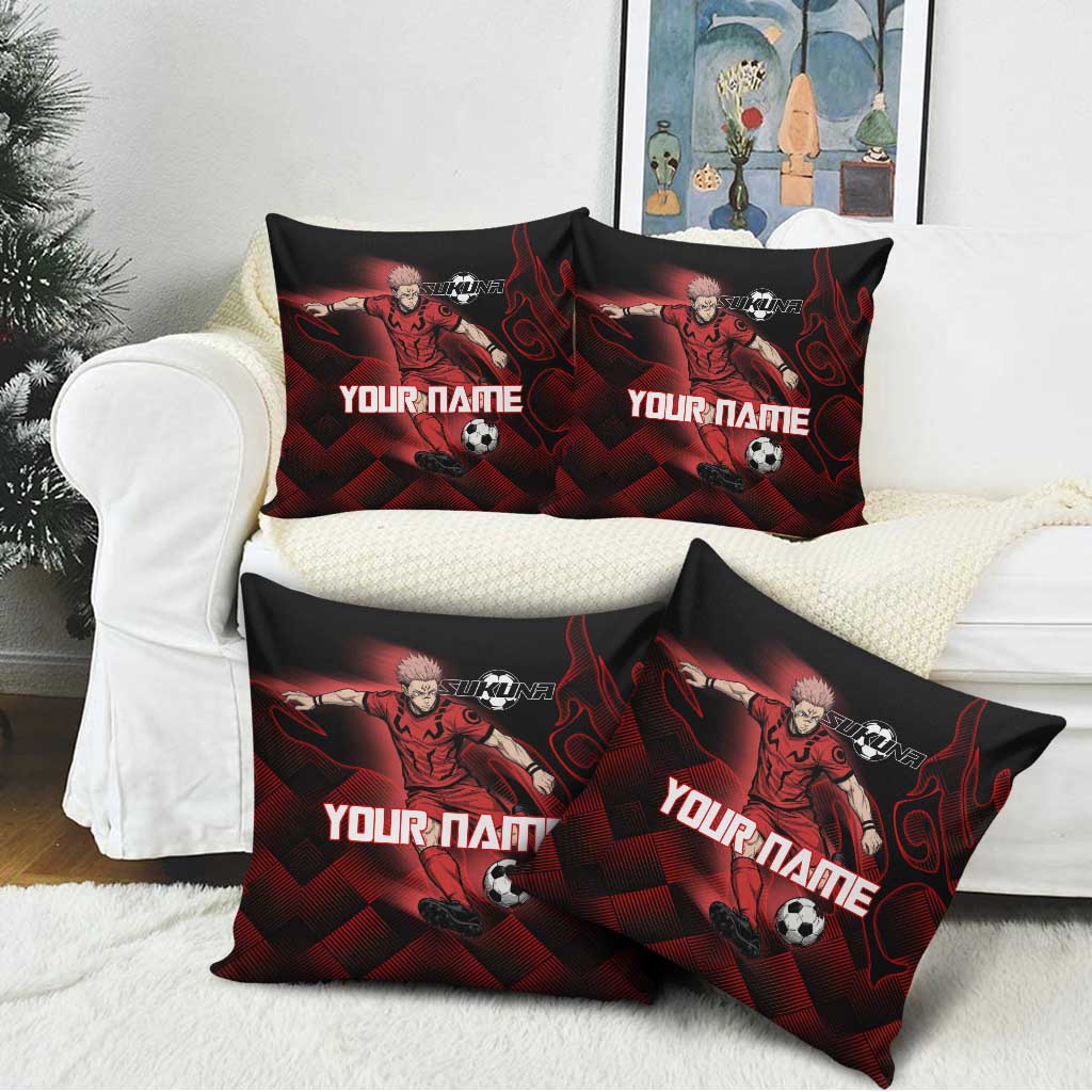 Personalized Sukuna Jujutsu Kaisen Soccer Theme Pillow Cover with Powerful Kick Pose and Red Black Plaid Graphic Design - The Mazicc