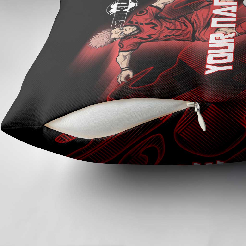 Personalized Sukuna Jujutsu Kaisen Soccer Theme Pillow Cover with Powerful Kick Pose and Red Black Plaid Graphic Design - The Mazicc