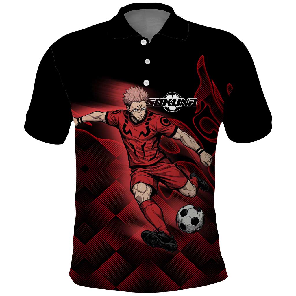 Personalized Sukuna Jujutsu Kaisen Soccer Theme Polo Shirt with Powerful Kick Pose and Red Black Plaid Graphic Design - The Mazicc