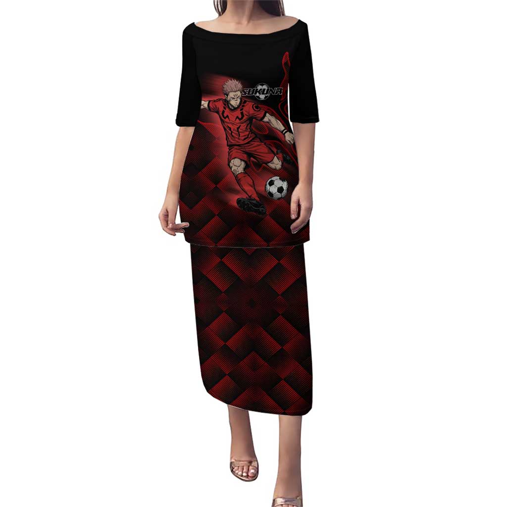 Personalized Sukuna Jujutsu Kaisen Soccer Theme Puletasi with Powerful Kick Pose and Red Black Plaid Graphic Design - The Mazicc