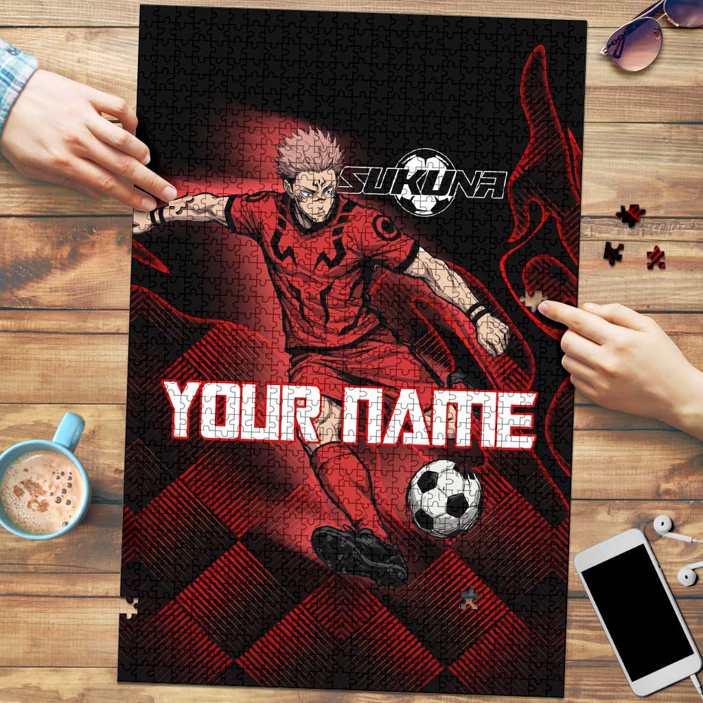 Personalized Sukuna Jujutsu Kaisen Soccer Theme Puzzle with Powerful Kick Pose and Red Black Plaid Graphic Design - The Mazicc
