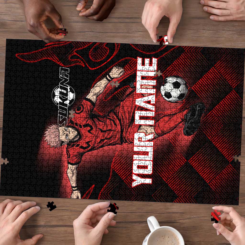 Personalized Sukuna Jujutsu Kaisen Soccer Theme Puzzle with Powerful Kick Pose and Red Black Plaid Graphic Design - The Mazicc
