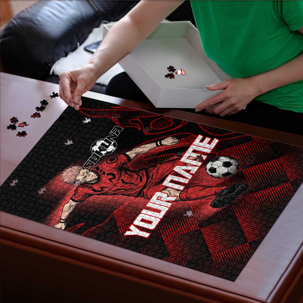 Personalized Sukuna Jujutsu Kaisen Soccer Theme Puzzle with Powerful Kick Pose and Red Black Plaid Graphic Design - The Mazicc
