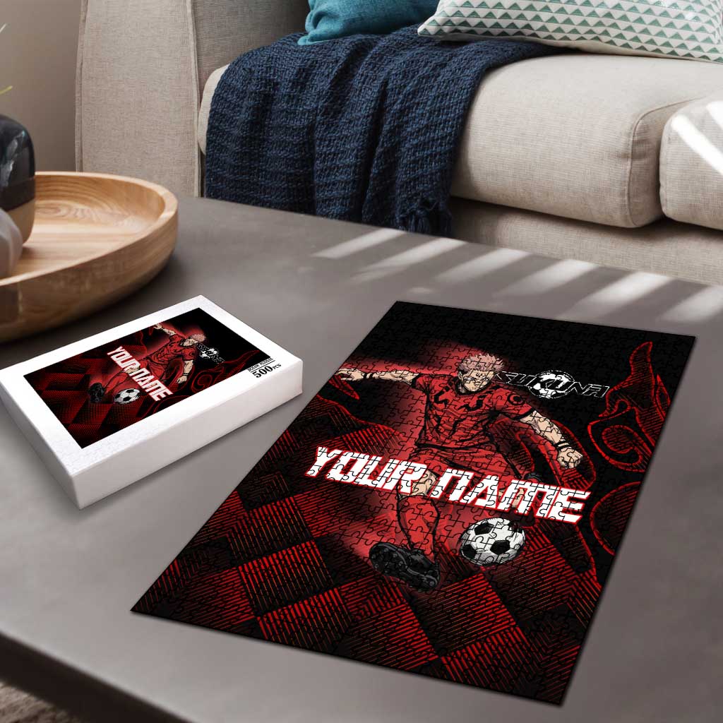 Personalized Sukuna Jujutsu Kaisen Soccer Theme Puzzle with Powerful Kick Pose and Red Black Plaid Graphic Design - The Mazicc