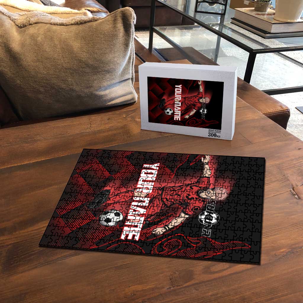 Personalized Sukuna Jujutsu Kaisen Soccer Theme Puzzle with Powerful Kick Pose and Red Black Plaid Graphic Design - The Mazicc