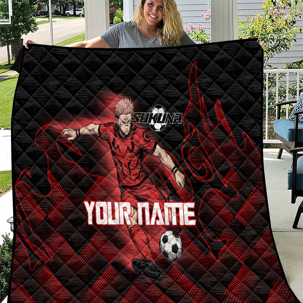 Personalized Sukuna Jujutsu Kaisen Soccer Theme Quilt with Powerful Kick Pose and Red Black Plaid Graphic Design - The Mazicc