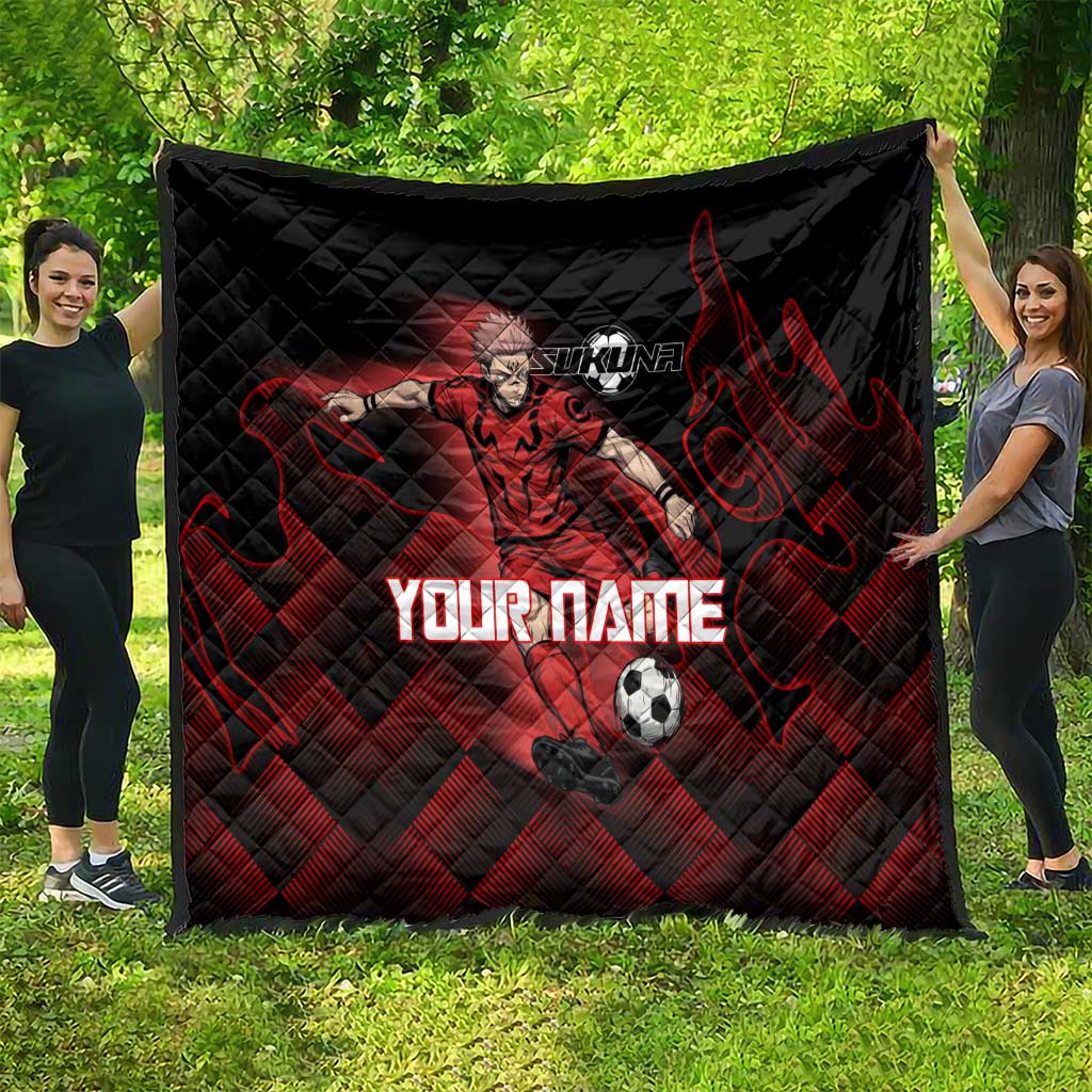 Personalized Sukuna Jujutsu Kaisen Soccer Theme Quilt with Powerful Kick Pose and Red Black Plaid Graphic Design - The Mazicc