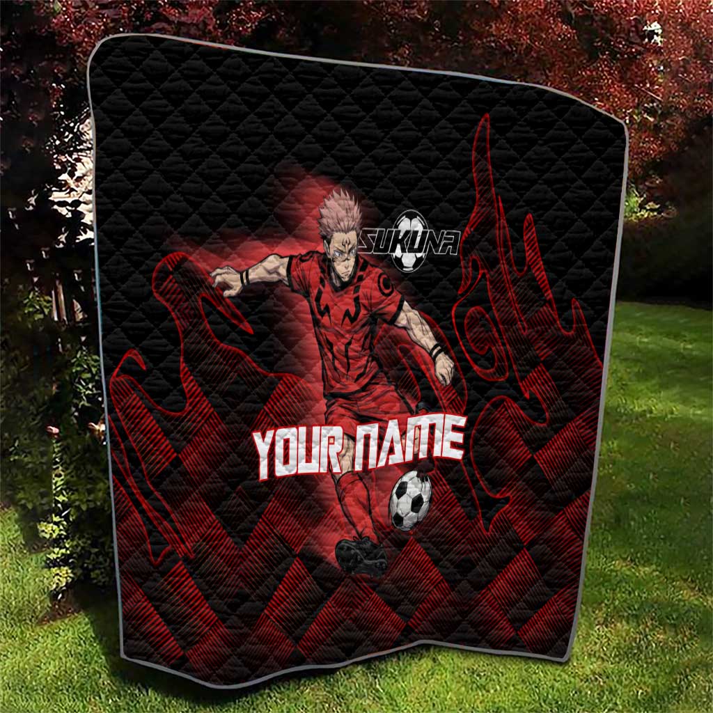 Personalized Sukuna Jujutsu Kaisen Soccer Theme Quilt with Powerful Kick Pose and Red Black Plaid Graphic Design - The Mazicc