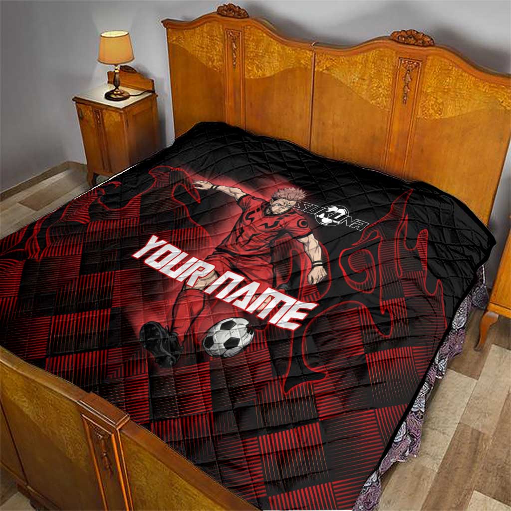 Personalized Sukuna Jujutsu Kaisen Soccer Theme Quilt with Powerful Kick Pose and Red Black Plaid Graphic Design - The Mazicc