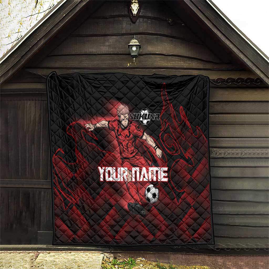 Personalized Sukuna Jujutsu Kaisen Soccer Theme Quilt with Powerful Kick Pose and Red Black Plaid Graphic Design - The Mazicc