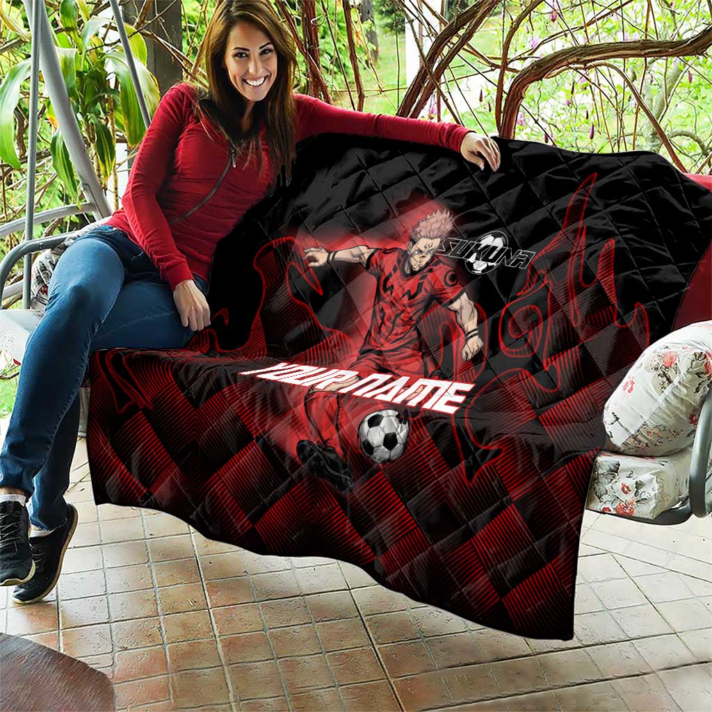 Personalized Sukuna Jujutsu Kaisen Soccer Theme Quilt with Powerful Kick Pose and Red Black Plaid Graphic Design - The Mazicc