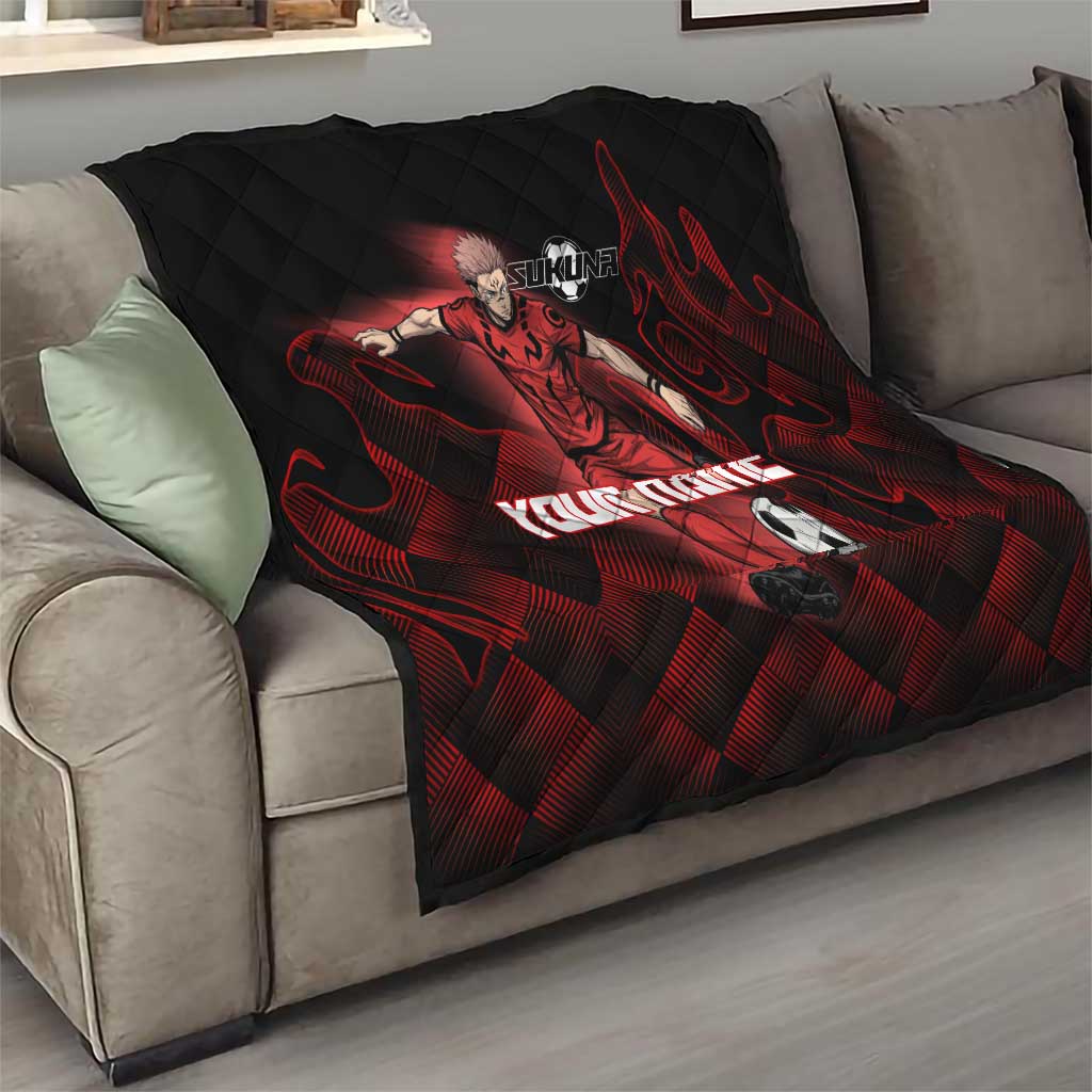 Personalized Sukuna Jujutsu Kaisen Soccer Theme Quilt with Powerful Kick Pose and Red Black Plaid Graphic Design - The Mazicc