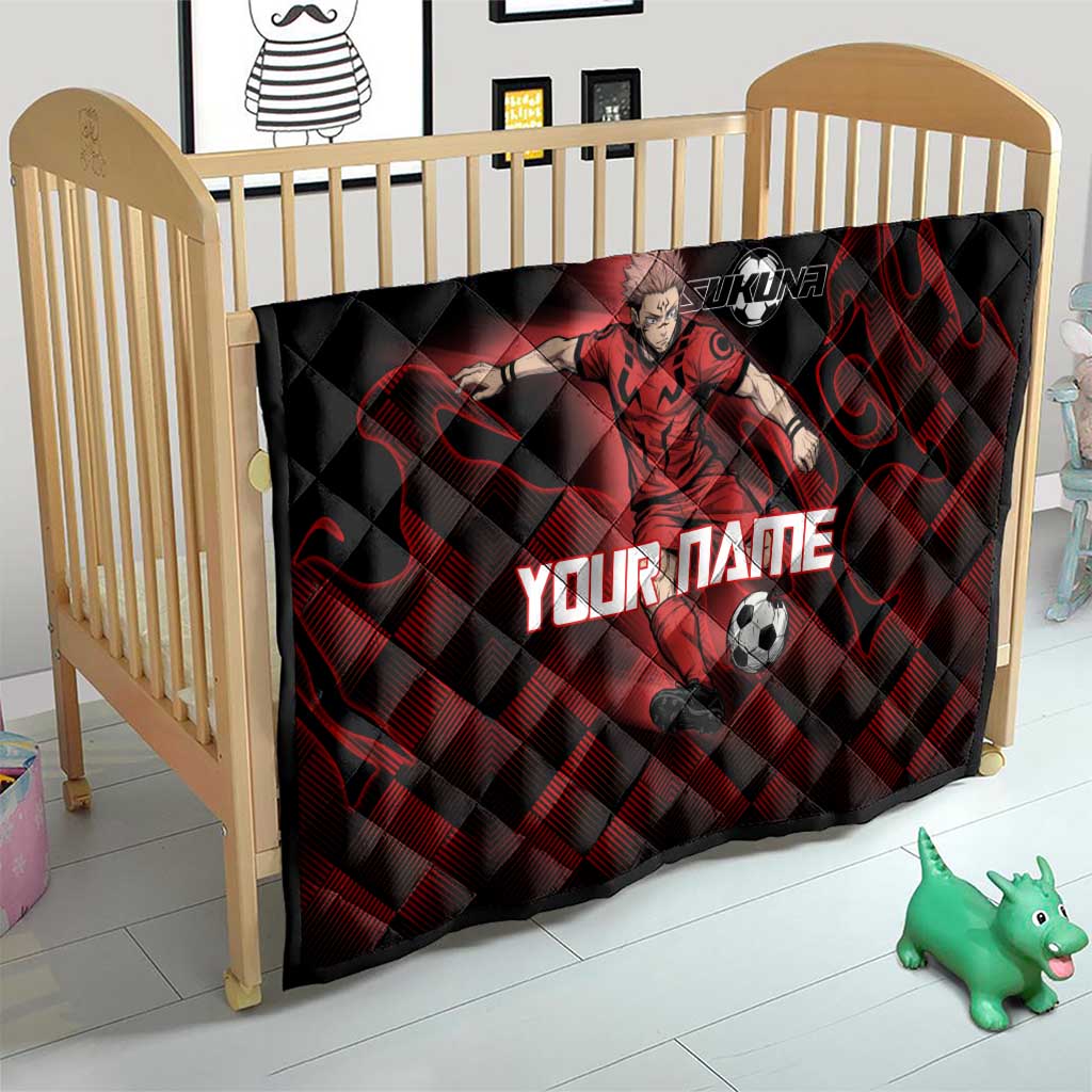 Personalized Sukuna Jujutsu Kaisen Soccer Theme Quilt with Powerful Kick Pose and Red Black Plaid Graphic Design - The Mazicc