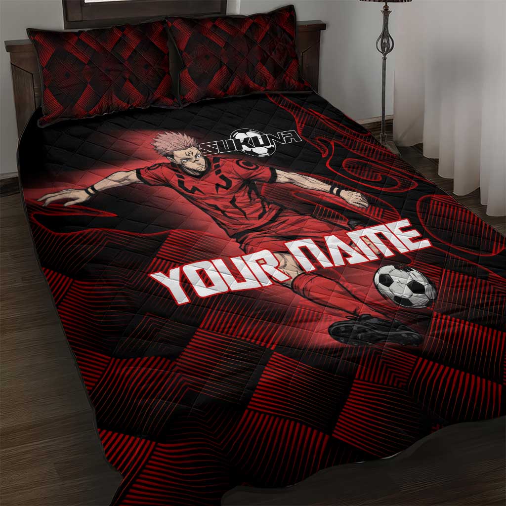 Personalized Sukuna Jujutsu Kaisen Soccer Theme Quilt Bed Set with Powerful Kick Pose and Red Black Plaid Graphic Design - The Mazicc