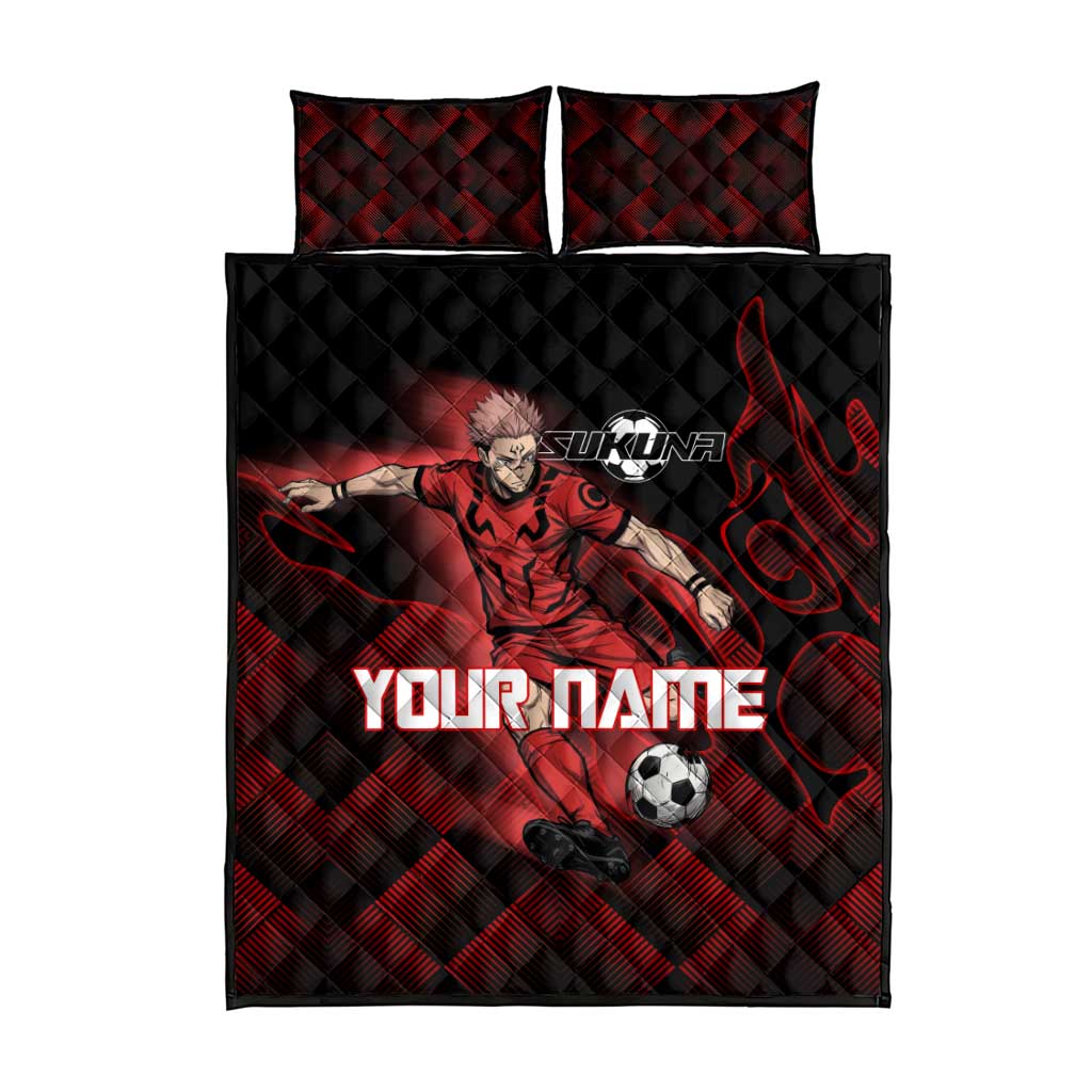 Personalized Sukuna Jujutsu Kaisen Soccer Theme Quilt Bed Set with Powerful Kick Pose and Red Black Plaid Graphic Design - The Mazicc
