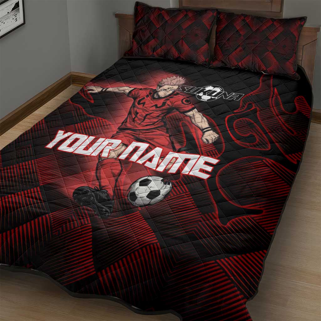 Personalized Sukuna Jujutsu Kaisen Soccer Theme Quilt Bed Set with Powerful Kick Pose and Red Black Plaid Graphic Design - The Mazicc