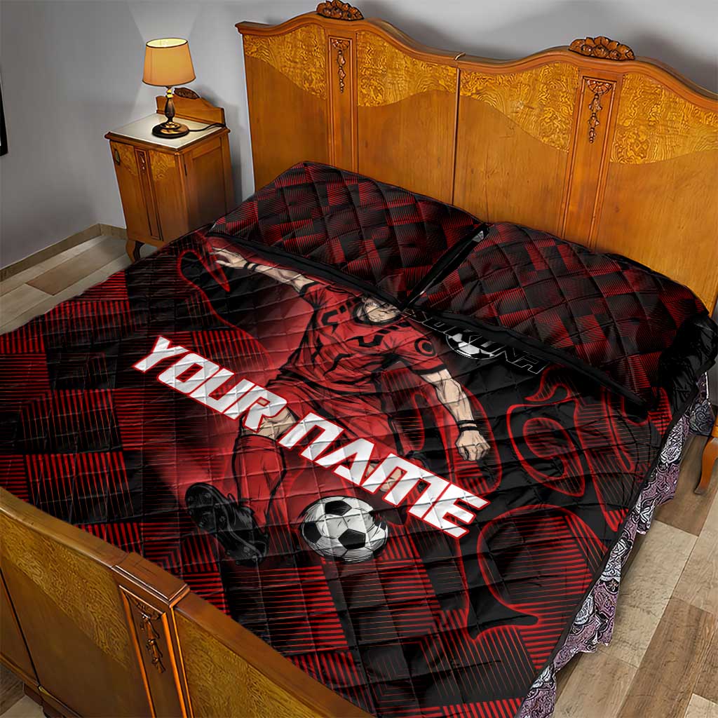 Personalized Sukuna Jujutsu Kaisen Soccer Theme Quilt Bed Set with Powerful Kick Pose and Red Black Plaid Graphic Design - The Mazicc