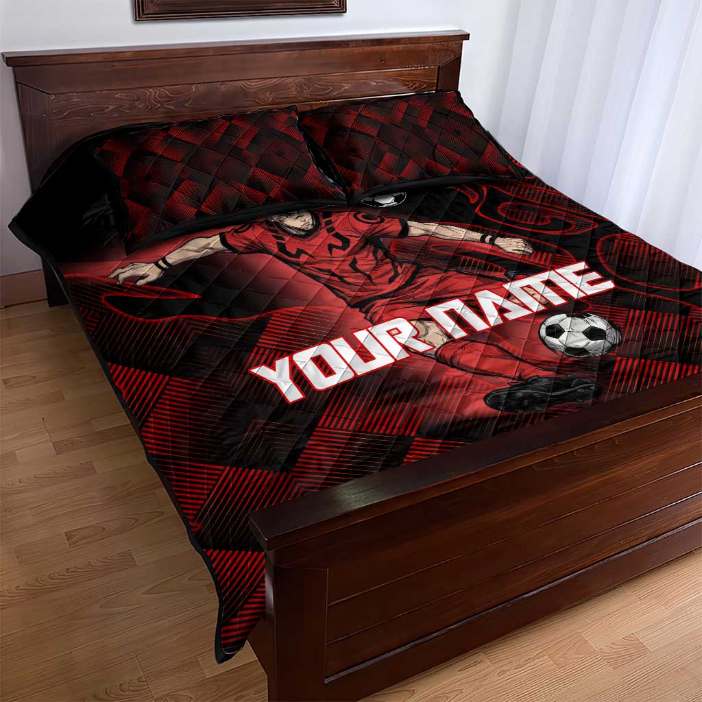 Personalized Sukuna Jujutsu Kaisen Soccer Theme Quilt Bed Set with Powerful Kick Pose and Red Black Plaid Graphic Design - The Mazicc