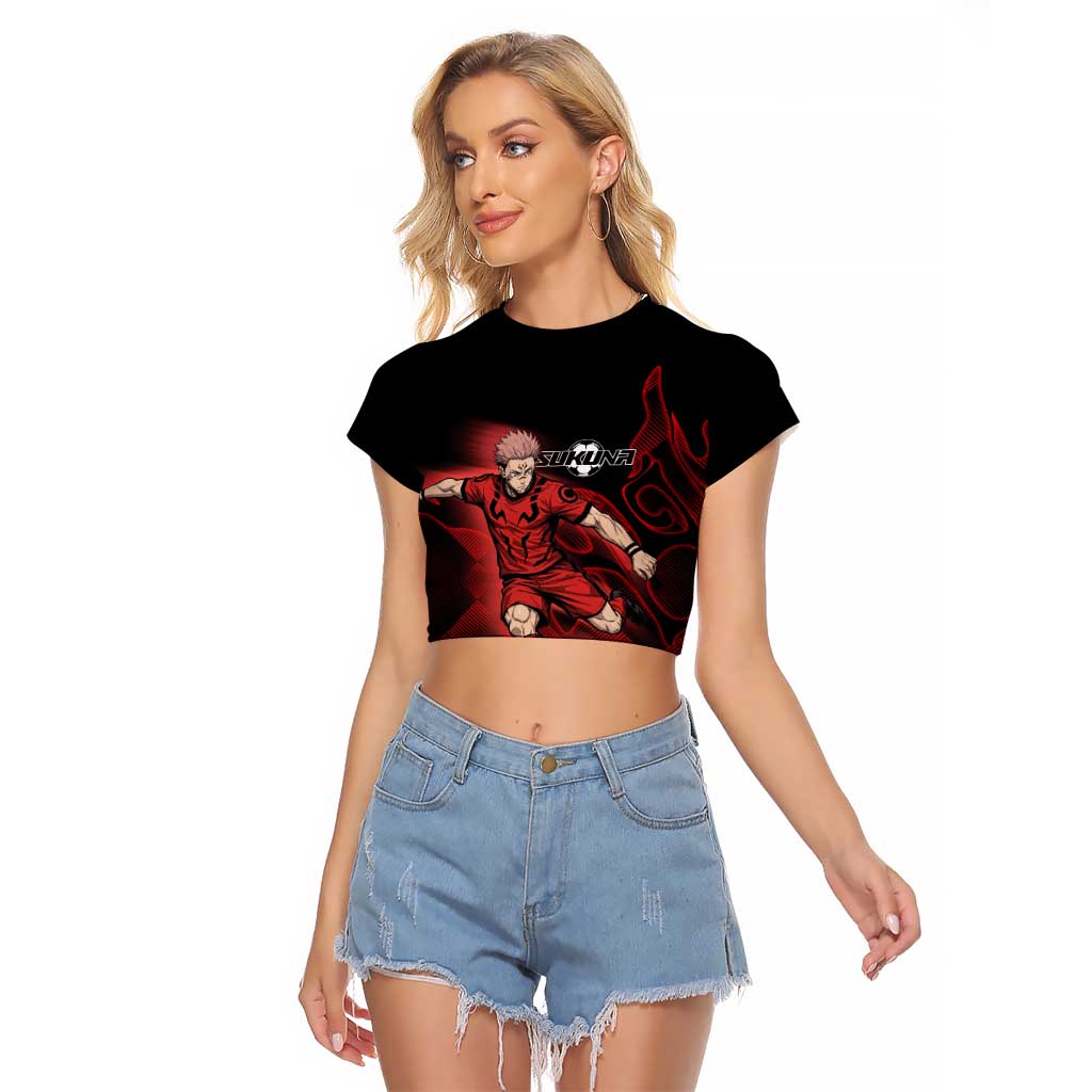 Personalized Sukuna Jujutsu Kaisen Soccer Theme Raglan Cropped T Shirt with Powerful Kick Pose and Red Black Plaid Graphic Design - The Mazicc