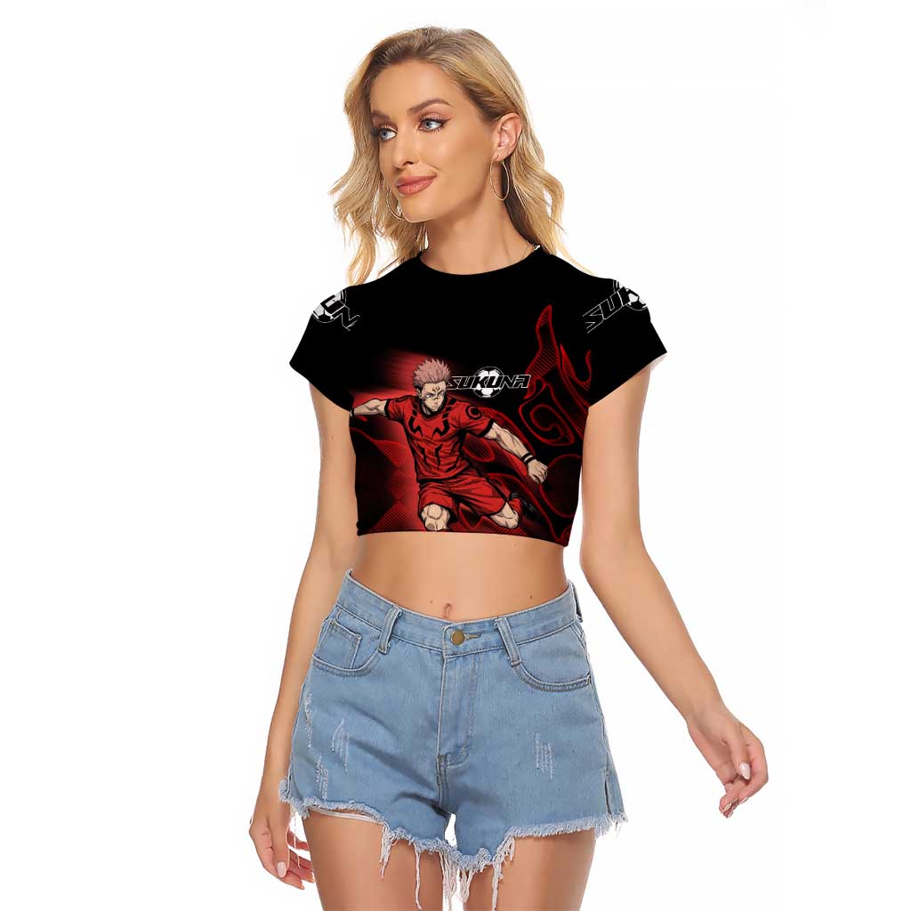 Personalized Sukuna Jujutsu Kaisen Soccer Theme Raglan Cropped T Shirt with Powerful Kick Pose and Red Black Plaid Graphic Design - The Mazicc