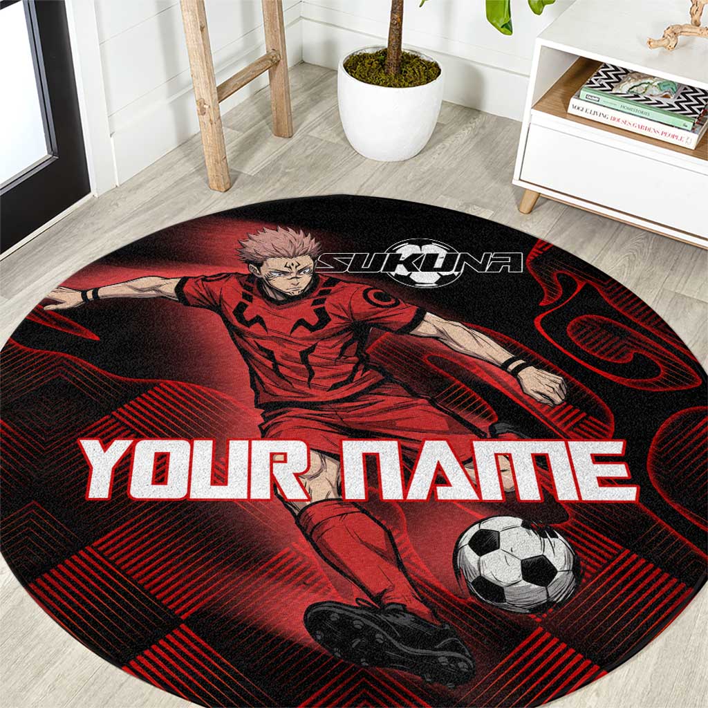 Personalized Sukuna Jujutsu Kaisen Soccer Theme Round Carpet with Powerful Kick Pose and Red Black Plaid Graphic Design - The Mazicc