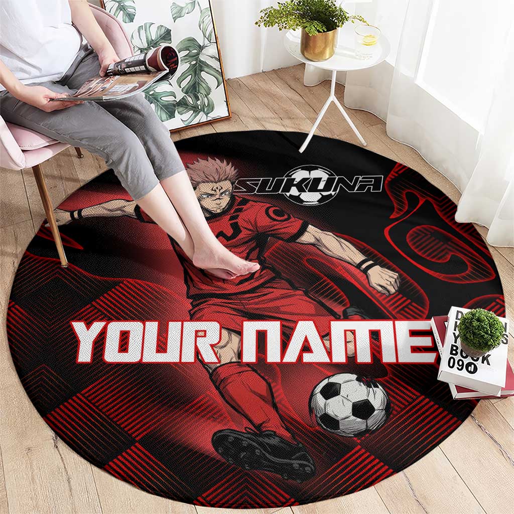 Personalized Sukuna Jujutsu Kaisen Soccer Theme Round Carpet with Powerful Kick Pose and Red Black Plaid Graphic Design - The Mazicc