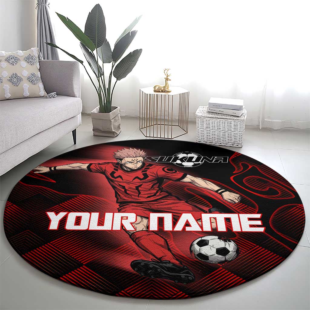 Personalized Sukuna Jujutsu Kaisen Soccer Theme Round Carpet with Powerful Kick Pose and Red Black Plaid Graphic Design - The Mazicc