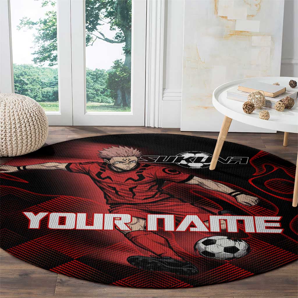 Personalized Sukuna Jujutsu Kaisen Soccer Theme Round Carpet with Powerful Kick Pose and Red Black Plaid Graphic Design - The Mazicc