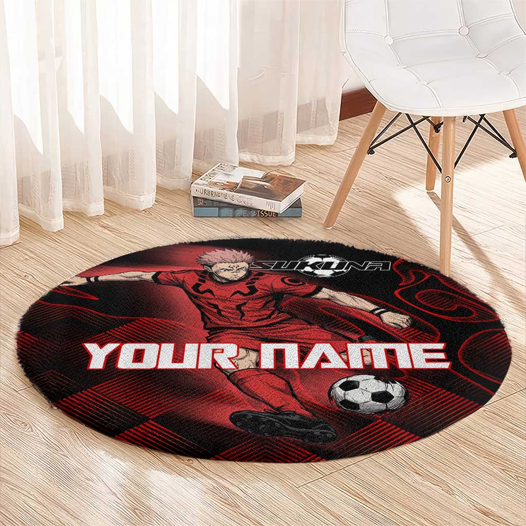 Personalized Sukuna Jujutsu Kaisen Soccer Theme Round Carpet with Powerful Kick Pose and Red Black Plaid Graphic Design - The Mazicc