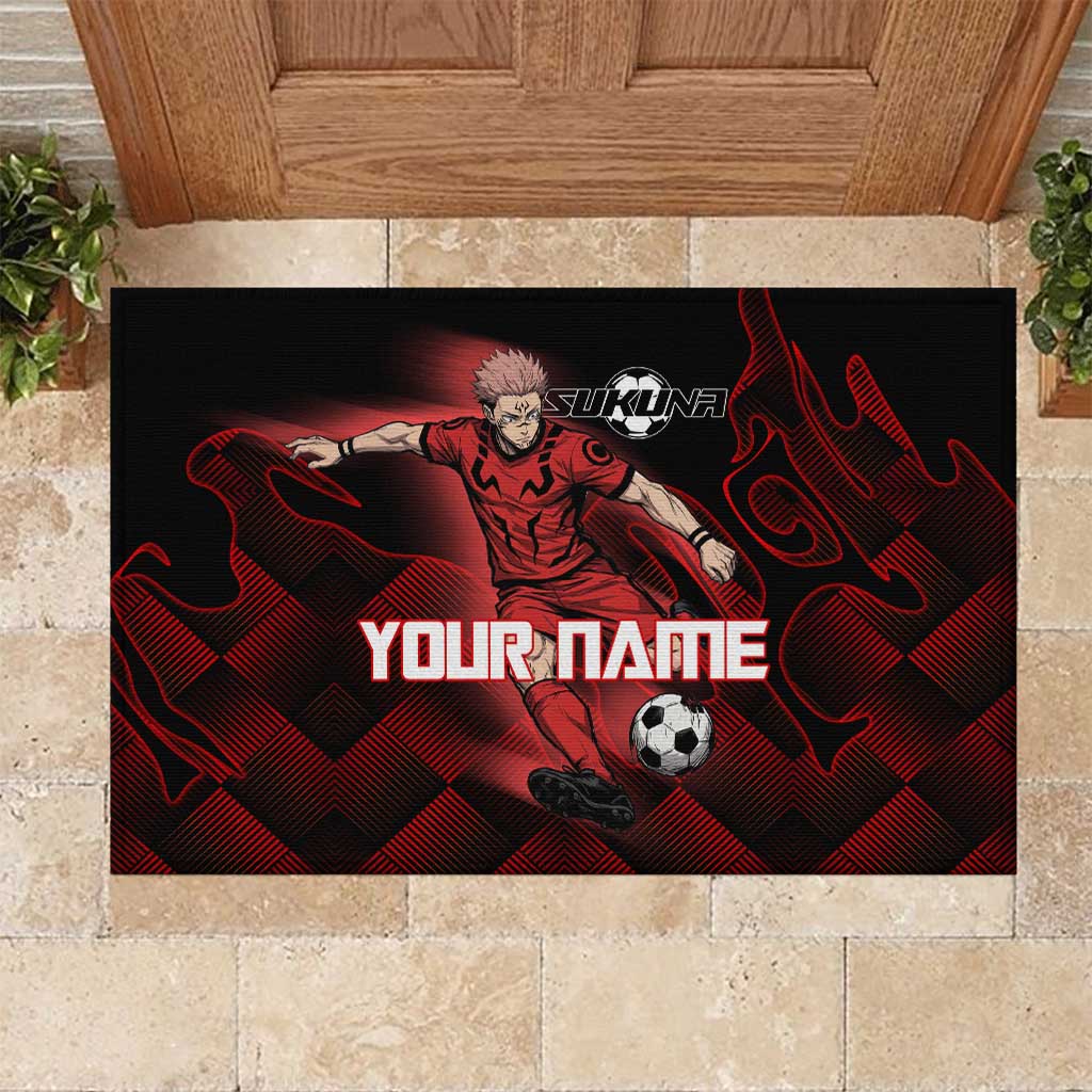 Personalized Sukuna Jujutsu Kaisen Soccer Theme Rubber Doormat with Powerful Kick Pose and Red Black Plaid Graphic Design - The Mazicc
