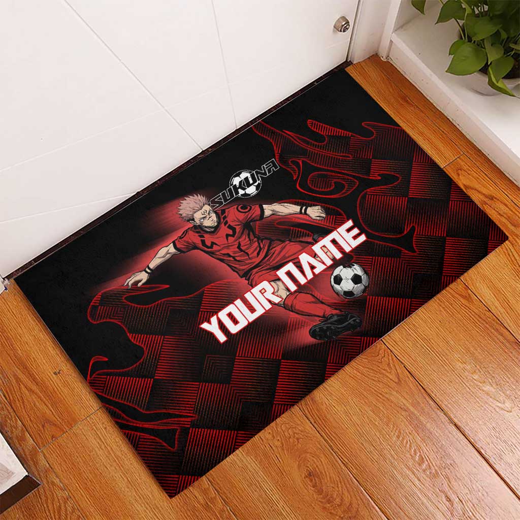 Personalized Sukuna Jujutsu Kaisen Soccer Theme Rubber Doormat with Powerful Kick Pose and Red Black Plaid Graphic Design - The Mazicc