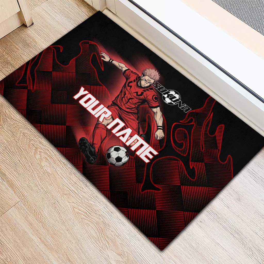 Personalized Sukuna Jujutsu Kaisen Soccer Theme Rubber Doormat with Powerful Kick Pose and Red Black Plaid Graphic Design - The Mazicc