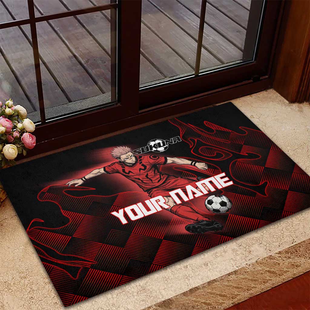 Personalized Sukuna Jujutsu Kaisen Soccer Theme Rubber Doormat with Powerful Kick Pose and Red Black Plaid Graphic Design - The Mazicc