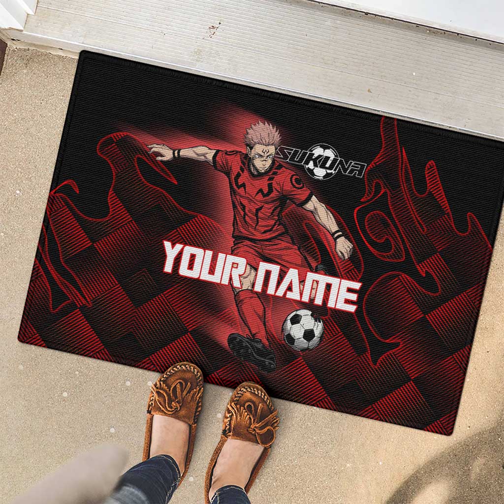 Personalized Sukuna Jujutsu Kaisen Soccer Theme Rubber Doormat with Powerful Kick Pose and Red Black Plaid Graphic Design - The Mazicc