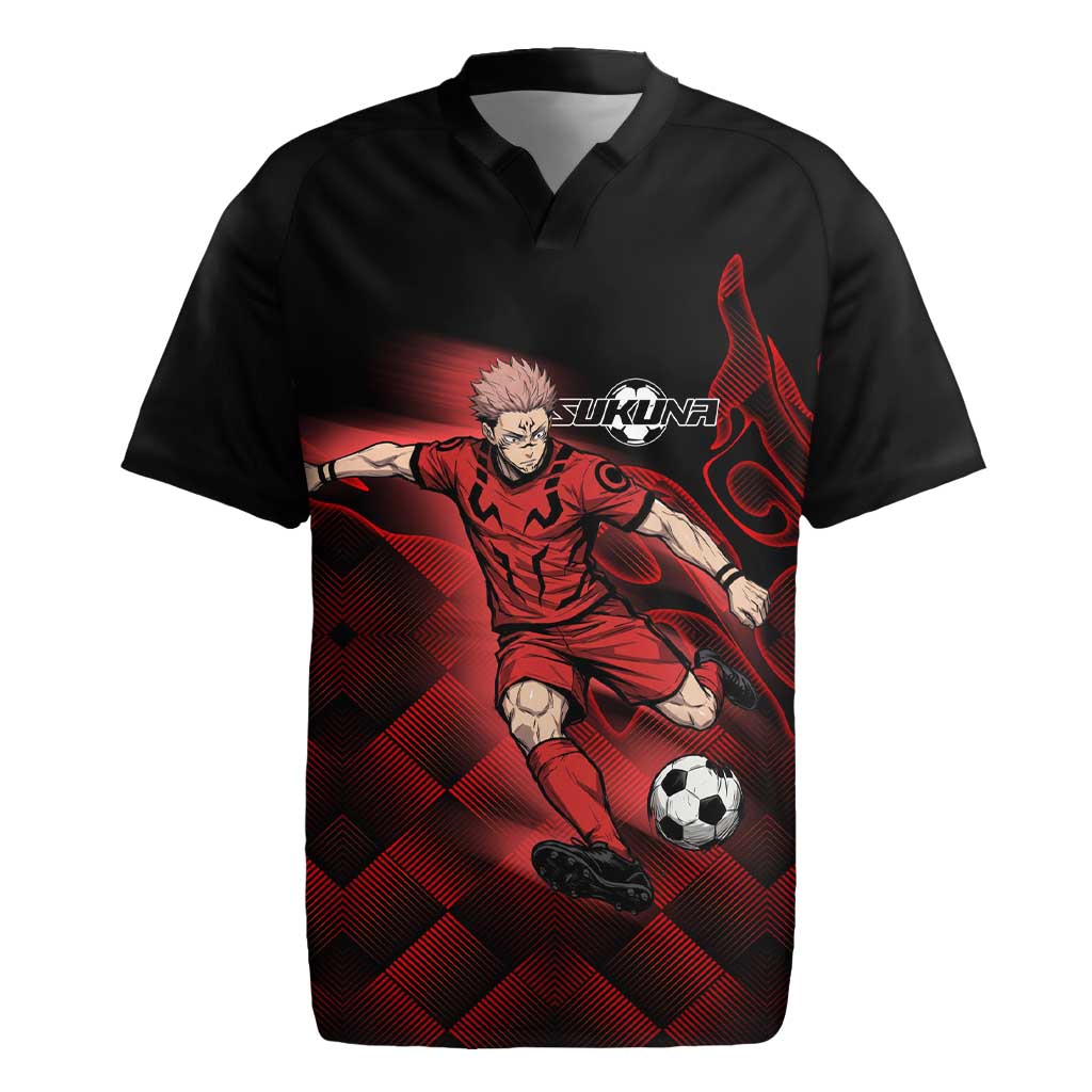 Personalized Sukuna Jujutsu Kaisen Soccer Theme Rugby Jersey with Powerful Kick Pose and Red Black Plaid Graphic Design - The Mazicc