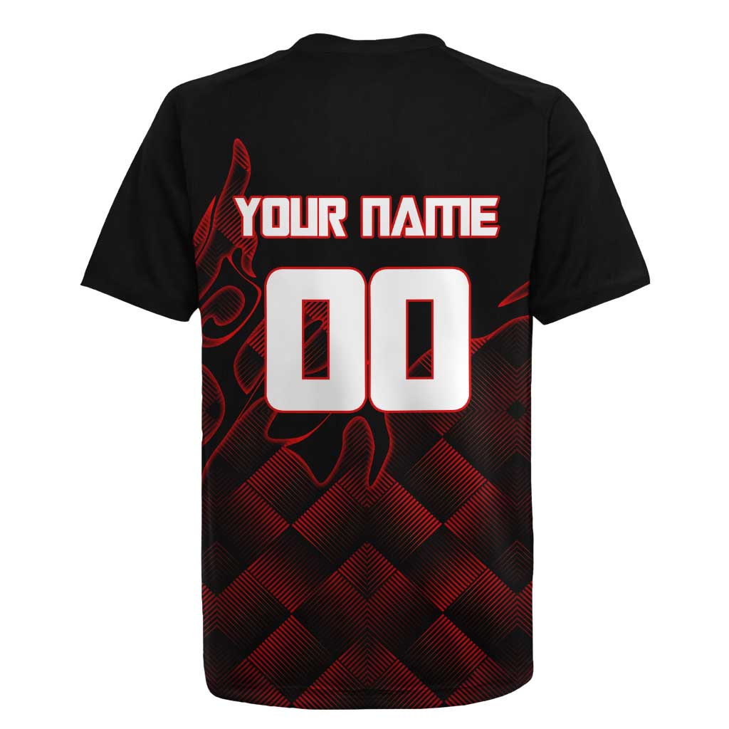 Personalized Sukuna Jujutsu Kaisen Soccer Theme Rugby Jersey with Powerful Kick Pose and Red Black Plaid Graphic Design - The Mazicc