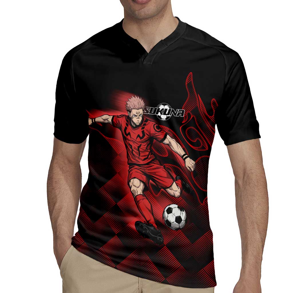 Personalized Sukuna Jujutsu Kaisen Soccer Theme Rugby Jersey with Powerful Kick Pose and Red Black Plaid Graphic Design - The Mazicc