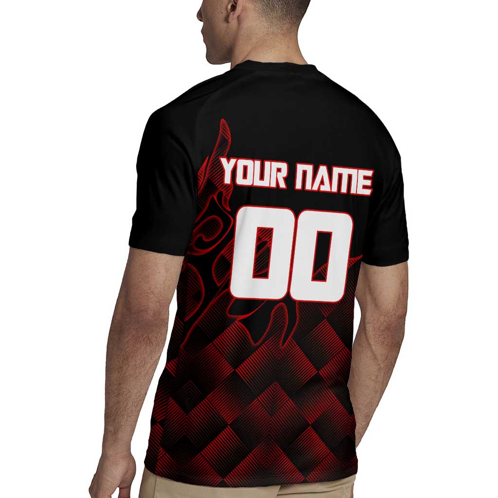 Personalized Sukuna Jujutsu Kaisen Soccer Theme Rugby Jersey with Powerful Kick Pose and Red Black Plaid Graphic Design - The Mazicc