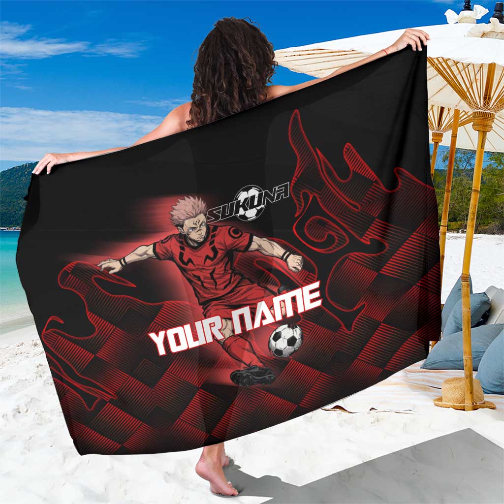 Personalized Sukuna Jujutsu Kaisen Soccer Theme Sarong with Powerful Kick Pose and Red Black Plaid Graphic Design - The Mazicc