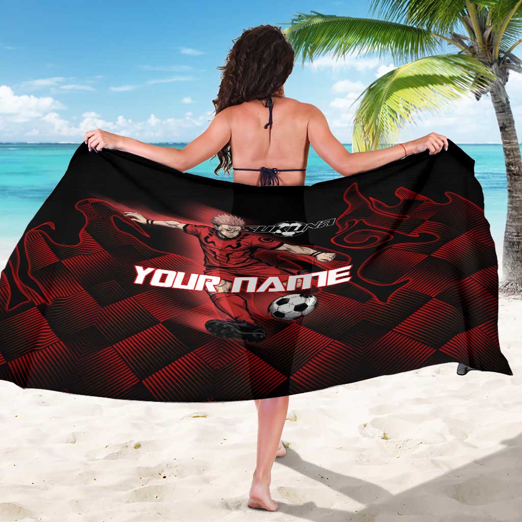 Personalized Sukuna Jujutsu Kaisen Soccer Theme Sarong with Powerful Kick Pose and Red Black Plaid Graphic Design - The Mazicc