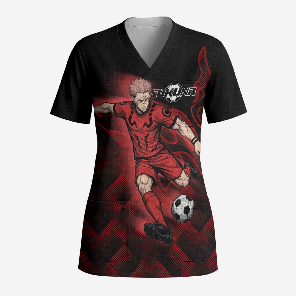Personalized Sukuna Jujutsu Kaisen Soccer Theme Scrub Top with Powerful Kick Pose and Red Black Plaid Graphic Design - The Mazicc
