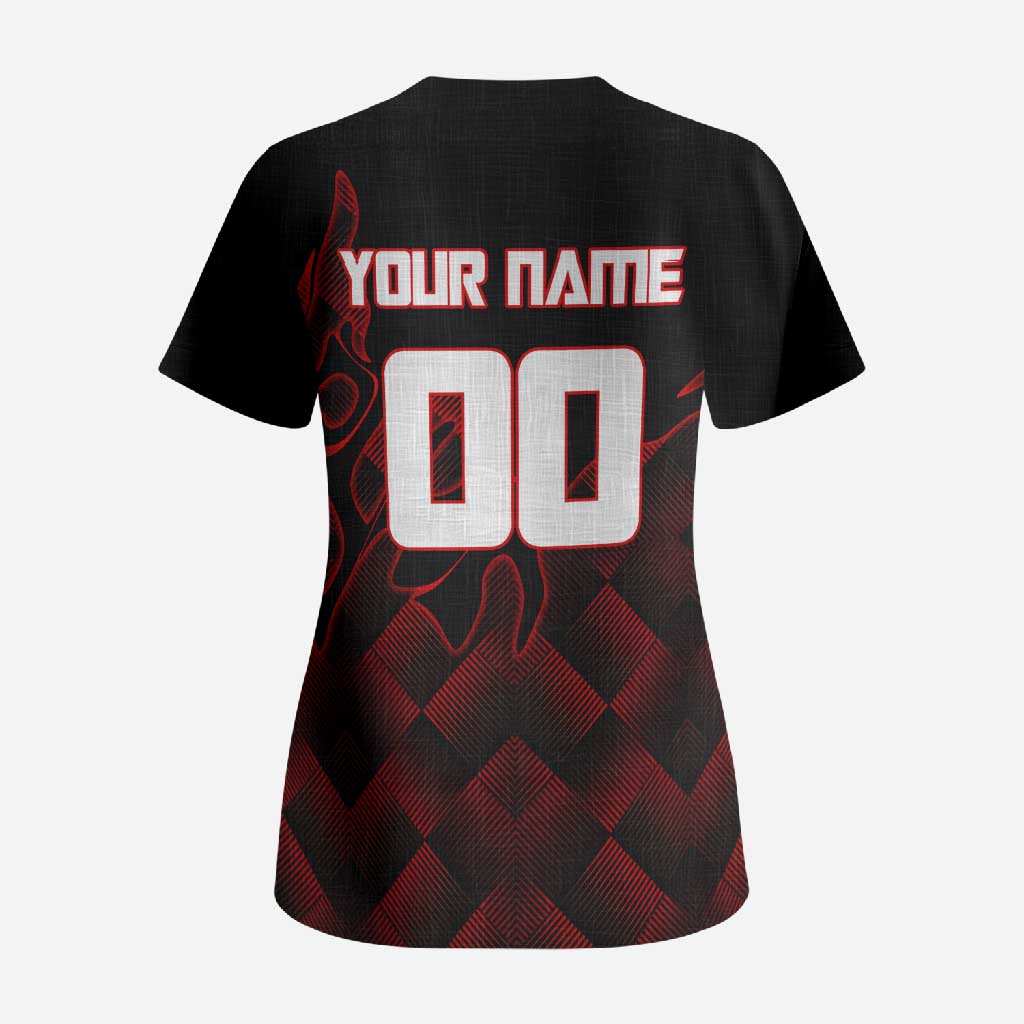 Personalized Sukuna Jujutsu Kaisen Soccer Theme Scrub Top with Powerful Kick Pose and Red Black Plaid Graphic Design - The Mazicc