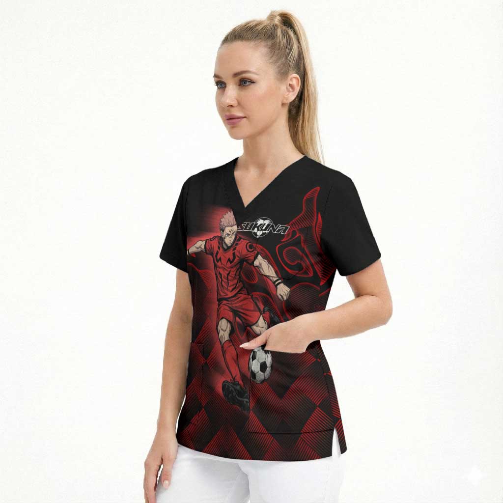 Personalized Sukuna Jujutsu Kaisen Soccer Theme Scrub Top with Powerful Kick Pose and Red Black Plaid Graphic Design - The Mazicc