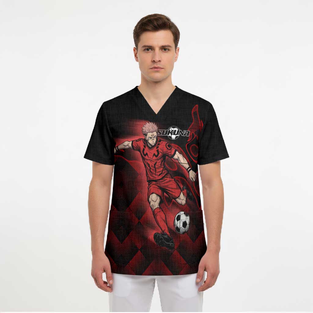 Personalized Sukuna Jujutsu Kaisen Soccer Theme Scrub Top with Powerful Kick Pose and Red Black Plaid Graphic Design - The Mazicc