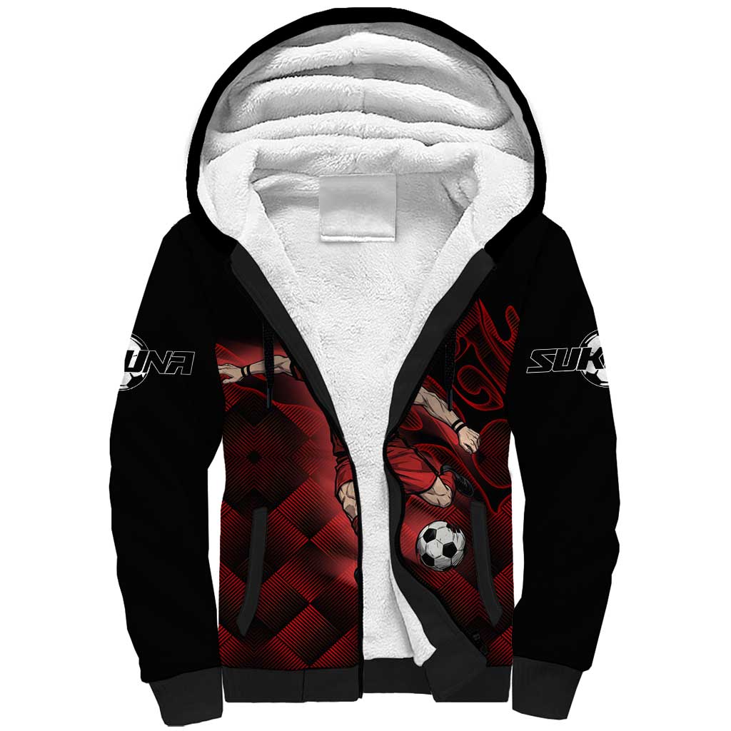 Personalized Sukuna Jujutsu Kaisen Soccer Theme Sherpa Hoodie with Powerful Kick Pose and Red Black Plaid Graphic Design - The Mazicc